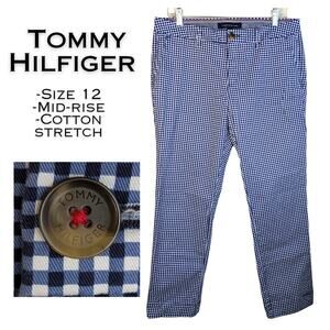 Tommy Hilfiger Stretch Career Pants 12 Blue White Gingham Check Mid Rise Cotton